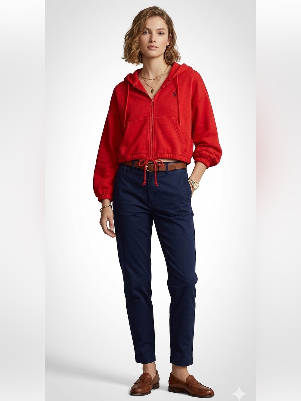 H&M Red Cropped Zip Up Hoodie Size Large Cotton